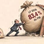 Dette publique tunisienne : un poids croissant entre 2019 et 2026 Caricature montrant un responsable générique poussant un immense sac représentant 83,4 % du PIB en LF 2026 dans une petite maison, à côté d'un sac portant 67,8 % pour 2019.