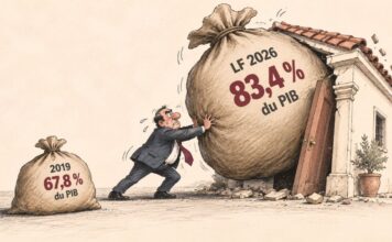 Caricature montrant un responsable générique poussant un immense sac représentant 83,4 % du PIB en LF 2026 dans une petite maison, à côté d'un sac portant 67,8 % pour 2019.