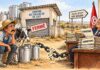 CARICATURE : Le lait attend, les subventions aussi Caricature montrant un éleveur inquiet devant un centre laitier fermé, une chaîne brisée et un responsable administratif générique entouré de dossiers de subventions.
