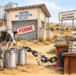 Caricature montrant un éleveur inquiet devant un centre laitier fermé, une chaîne brisée et un responsable administratif générique entouré de dossiers de subventions.