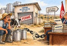 Caricature montrant un éleveur inquiet devant un centre laitier fermé, une chaîne brisée et un responsable administratif générique entouré de dossiers de subventions.