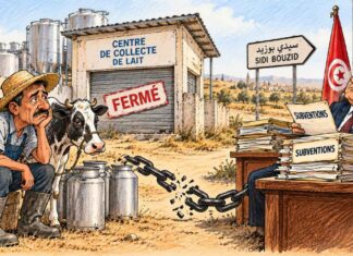 CARICATURE : Le lait attend, les subventions aussi Caricature montrant un éleveur inquiet devant un centre laitier fermé, une chaîne brisée et un responsable administratif générique entouré de dossiers de subventions.
