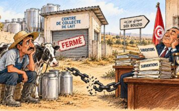 Caricature montrant un éleveur inquiet devant un centre laitier fermé, une chaîne brisée et un responsable administratif générique entouré de dossiers de subventions.