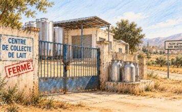 Centre de collecte du lait fermé, portail cadenassé et bidons métalliques dans un paysage rural évoquant Sidi Bouzid