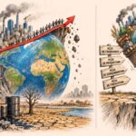 Représentation symbolique de la croissance industrielle mondiale, de l'exploitation des ressources et des limites physiques de la planète.