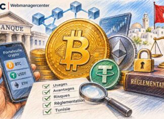DOSSIER | INTRO – Cryptomonnaies : le guide pour comprendre Bitcoin, la blockchain, les risques et l’avenir de la finance Illustration symbolique des cryptomonnaies, des services bancaires, de la sécurité numérique et des enjeux réglementaires en Tunisie.