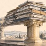 Illustration symbolique d'une imposante pile de documents financiers reposant principalement sur un pilier intérieur, tandis qu'un pilier associé au financement extérieur apparaît fragilisé