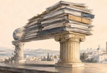 Illustration symbolique d'une imposante pile de documents financiers reposant principalement sur un pilier intérieur, tandis qu'un pilier associé au financement extérieur apparaît fragilisé