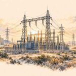REGARDS SUR LE MONDE | Taux, énergie, industrie : la nouvelle bataille de la souveraineté économique Illustration au crayon d'un poste électrique reliant symboliquement un centre de données et un corridor ferroviaire, sur fond de réseau énergétique.