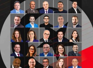 Montage photographique présentant 25 personnalités du monde économique et entrepreneurial tunisien, réunies dans le dossier Tunisia 2026 de Forbes Africa, sur un fond graphique noir, gris et rouge.