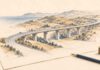 Illustration au crayon d’un viaduc traversant des collines sur une feuille de projet, accompagné d’un crayon et de piles de pièces, sur fond ivoire.