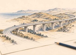 Illustration au crayon d’un viaduc traversant des collines sur une feuille de projet, accompagné d’un crayon et de piles de pièces, sur fond ivoire.