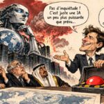 La police de l’IA recrutée par les suspects Caricature satirique sur les risques de concentration du pouvoir et la régulation internationale de l’IA.