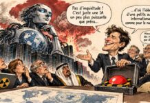 La police de l’IA recrutée par les suspects Caricature satirique sur les risques de concentration du pouvoir et la régulation internationale de l’IA.