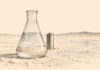 Illustration au crayon d’une fiole contenant un liquide clair et d’une cellule de batterie sur une étendue saline, dans des tons ivoire, graphite et ocre.
