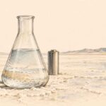 LES TITRES | Lithium, énergie, finance : les promesses et les freins de l’économie tunisienne Illustration au crayon d’une fiole contenant un liquide clair et d’une cellule de batterie sur une étendue saline, dans des tons ivoire, graphite et ocre.