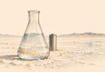 LES TITRES | Lithium, énergie, finance : les promesses et les freins de l’économie tunisienne Illustration au crayon d’une fiole contenant un liquide clair et d’une cellule de batterie sur une étendue saline, dans des tons ivoire, graphite et ocre.