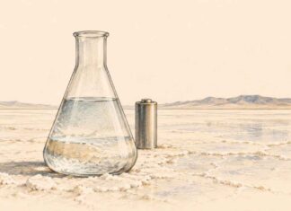 LES TITRES | Lithium, énergie, finance : les promesses et les freins de l’économie tunisienne Illustration au crayon d’une fiole contenant un liquide clair et d’une cellule de batterie sur une étendue saline, dans des tons ivoire, graphite et ocre.