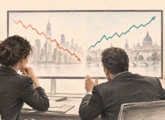 Deux analystes observent les trajectoires opposées des marchés américains et européens.