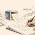 JAPON | Nikkei et SCOPE : 95 éditeurs utilisent l’IA au quotidien Illustration éditoriale au crayon montrant un journaliste examinant un brouillon produit par intelligence artificielle à partir de communiqués d’entreprises, avec une carte du Japon en arrière-plan.