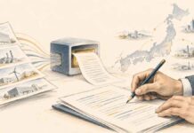 JAPON | Nikkei et SCOPE : 95 éditeurs utilisent l’IA au quotidien Illustration éditoriale au crayon montrant un journaliste examinant un brouillon produit par intelligence artificielle à partir de communiqués d’entreprises, avec une carte du Japon en arrière-plan.