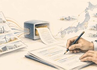 Illustration éditoriale au crayon montrant un journaliste examinant un brouillon produit par intelligence artificielle à partir de communiqués d’entreprises, avec une carte du Japon en arrière-plan.