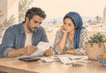 POUVOIR D’ACHAT | Maroc 2026 : seuls 2,8 % des ménages déclarent épargner Un couple marocain examine des factures et des tickets de caisse sur une table, entouré d'une calculatrice, de quelques pièces de monnaie et d'un panier de courses, dans une illustration au crayon. Copier l'ALT