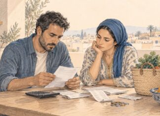 Un couple marocain examine des factures et des tickets de caisse sur une table, entouré d'une calculatrice, de quelques pièces de monnaie et d'un panier de courses, dans une illustration au crayon. Copier l'ALT