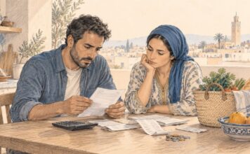 Un couple marocain examine des factures et des tickets de caisse sur une table, entouré d'une calculatrice, de quelques pièces de monnaie et d'un panier de courses, dans une illustration au crayon. Copier l'ALT