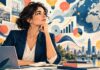 La Semaine ECO | Ormuz sous tension, la Tunisie à crédit : le prix d’une souveraineté sans investissement Illustration éditoriale symbolique d’une femme analysant des documents économiques, entourée de graphiques, d’un globe terrestre et de symboles énergétiques, évoquant les défis de la Tunisie face à la dette, aux tensions internationales et aux enjeux d’investissement.
