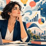 La Semaine ECO | Ormuz sous tension, la Tunisie à crédit : le prix d’une souveraineté sans investissement Illustration éditoriale symbolique d’une femme analysant des documents économiques, entourée de graphiques, d’un globe terrestre et de symboles énergétiques, évoquant les défis de la Tunisie face à la dette, aux tensions internationales et aux enjeux d’investissement.
