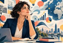 Illustration éditoriale symbolique d’une femme analysant des documents économiques, entourée de graphiques, d’un globe terrestre et de symboles énergétiques, évoquant les défis de la Tunisie face à la dette, aux tensions internationales et aux enjeux d’investissement.