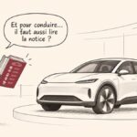 Caricature d'un automobiliste surpris tenant une énorme notice d'utilisation devant une voiture moderne exposée.