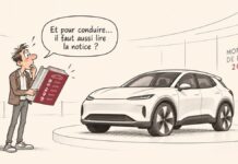 Caricature d'un automobiliste surpris tenant une énorme notice d'utilisation devant une voiture moderne exposée.