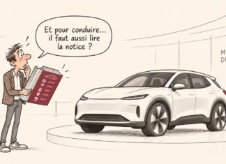 Caricature d'un automobiliste surpris tenant une énorme notice d'utilisation devant une voiture moderne exposée.