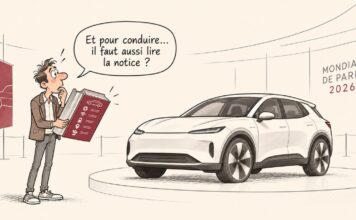 Caricature d'un automobiliste surpris tenant une énorme notice d'utilisation devant une voiture moderne exposée.