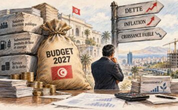 ALT : Illustration symbolique d’une balance opposant le poids des dépenses publiques et de la dette aux investissements nécessaires au développement économique tunisien.