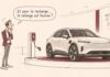 Caricature d'un automobiliste face à une voiture électrique et une borne dont le câble est trop court pour atteindre le véhicule.