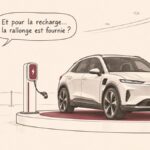 CARICATURE | Voiture électrique : la recharge face aux réalités quotidiennes Caricature d'un automobiliste face à une voiture électrique et une borne dont le câble est trop court pour atteindre le véhicule.