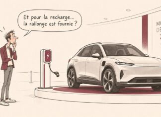 Caricature d'un automobiliste face à une voiture électrique et une borne dont le câble est trop court pour atteindre le véhicule.