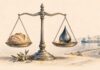 Balance portant du pain et une goutte de pétrole, avec un rameau d’olivier et une route vers un port, dessinés sur fond ivoire