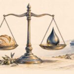Tunisie : soutenir les prix, désenclaver les régions, renforcer la production Balance portant du pain et une goutte de pétrole, avec un rameau d’olivier et une route vers un port, dessinés sur fond ivoire
