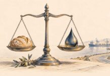 LES TITRES | Tunisie : soutenir les prix, désenclaver les régions, renforcer la production Balance portant du pain et une goutte de pétrole, avec un rameau d’olivier et une route vers un port, dessinés sur fond ivoire