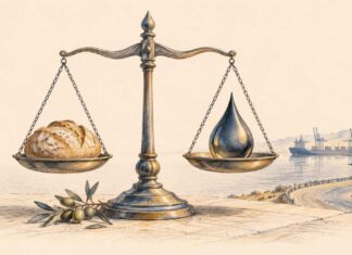 LES TITRES | Tunisie : soutenir les prix, désenclaver les régions, renforcer la production Balance portant du pain et une goutte de pétrole, avec un rameau d’olivier et une route vers un port, dessinés sur fond ivoire