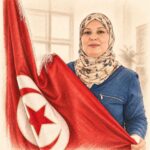 Amel Hamdi – fondatrice de Quatre A Energy : « Pour moi, l’énergie solaire doit être accessible, fiable et intelligible pour tous les Tunisiens » Portrait au crayon d’une femme tunisienne portant un hijab fleuri et tenant le drapeau national tunisien, sur fond ivoire.