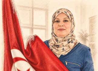 Portrait au crayon d’une femme tunisienne portant un hijab fleuri et tenant le drapeau national tunisien, sur fond ivoire.