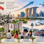 Illustration symbolique de la transformation économique de Singapour, entre son port historique, ses logements publics, ses infrastructures et son quartier d'affaires moderne.