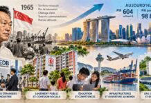 Illustration symbolique de la transformation économique de Singapour, entre son port historique, ses logements publics, ses infrastructures et son quartier d'affaires moderne.