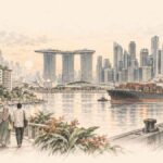 Illustration au crayon sur fond ivoire de Singapour, associant gratte-ciel, logements, port à conteneurs et circuits électroniques.