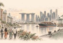 Illustration au crayon sur fond ivoire de Singapour, associant gratte-ciel, logements, port à conteneurs et circuits électroniques.